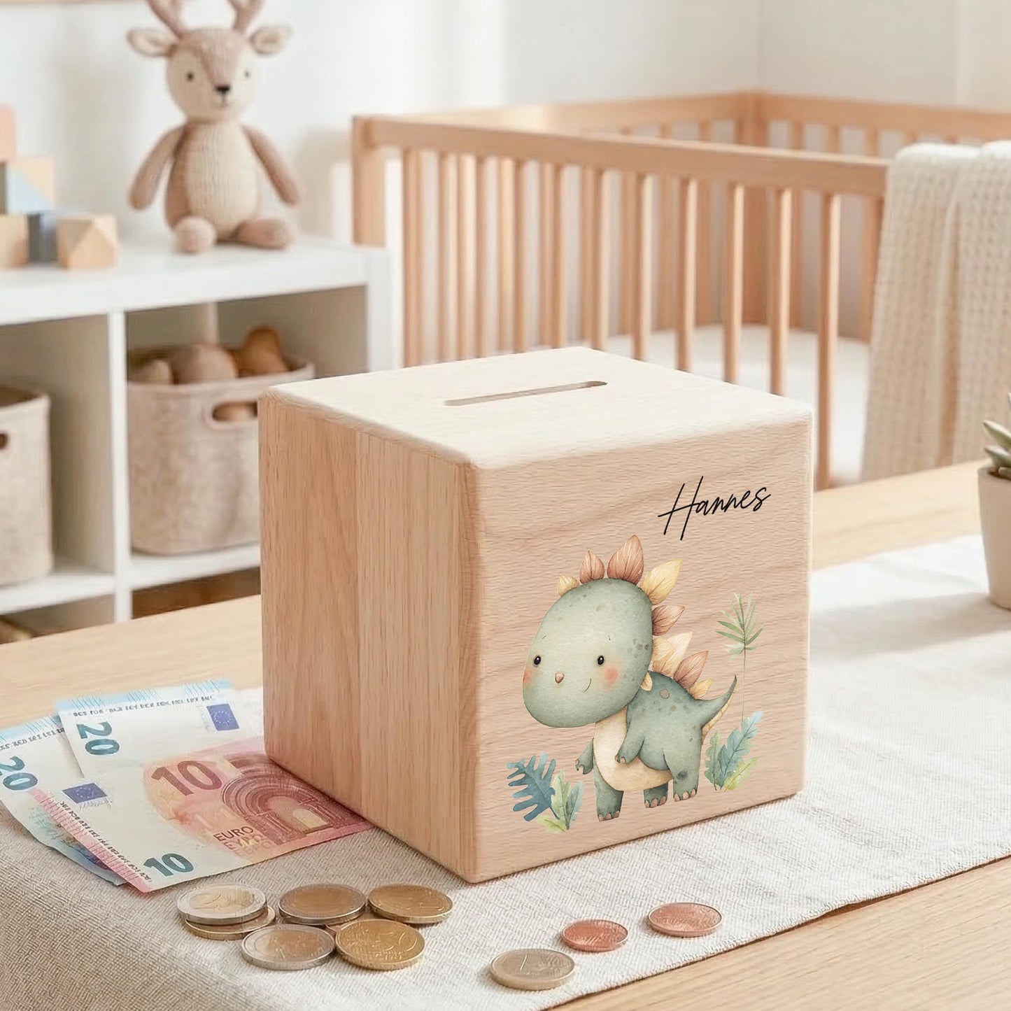 Spardose Dino für Jungen personalisierte Sparbox aus Holz Sparschwein für Kinder V4