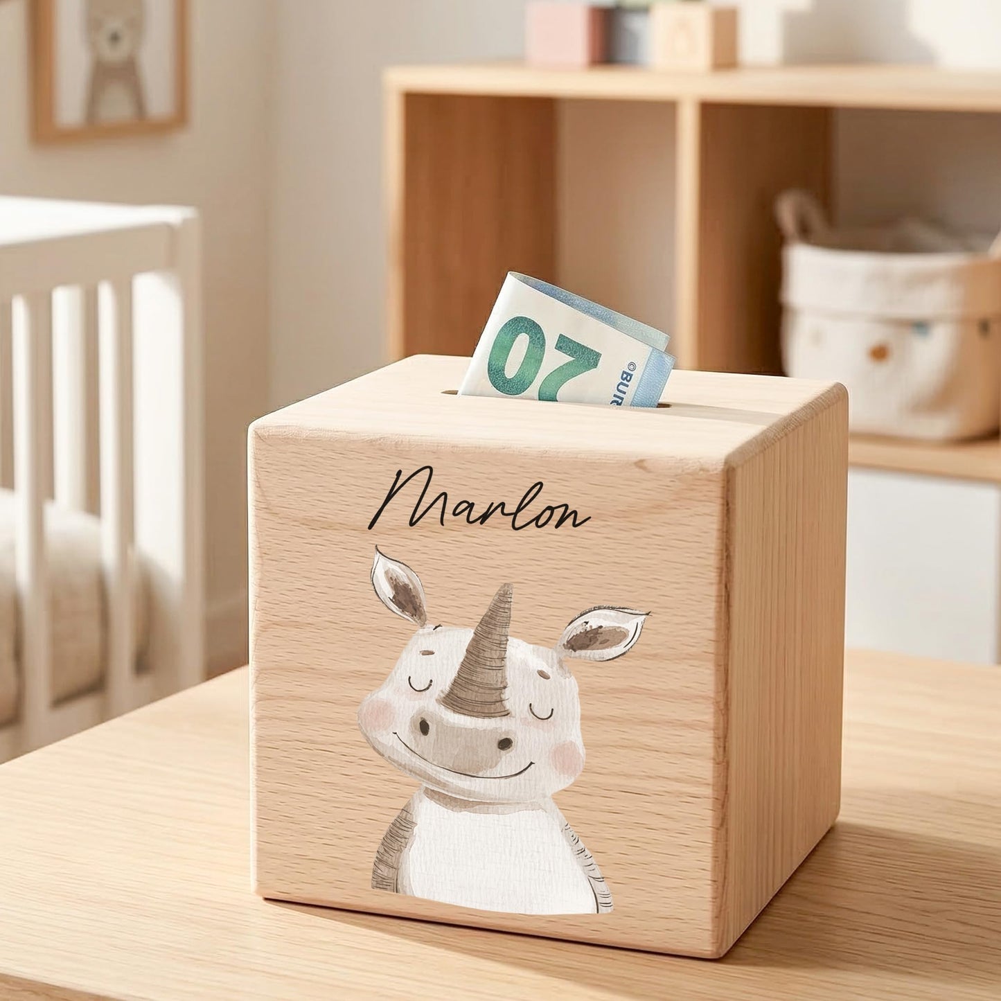 Spardose für Kinder Nashorn personalisiert Safari Tiere Sparbox aus Holz Sparschwein mit Schlüssel Taufgeschenk für Jungen & Mädchen