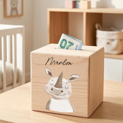 Spardose für Kinder Nashorn personalisiert Safari Tiere Sparbox aus Holz Sparschwein mit Schlüssel Taufgeschenk für Jungen & Mädchen