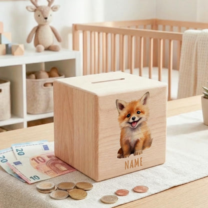 Fuchs Spardose für Kinder personalisiert Sparbox aus Holz Sparschwein mit Schlüssel Taufgeschenk für Jungen und Mädchen