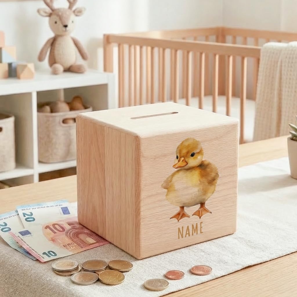 Ente Spardose für Kinder personalisiert Sparbox aus Holz Sparschwein mit Schlüssel Taufgeschenk für Jungen und Mädchen