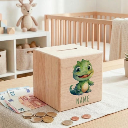 Dino Spardose für Kinder personalisiert Sparbox aus Holz T-Rex Sparschwein mit Schlüssel Taufgeschenk für Jungen und Mädchen