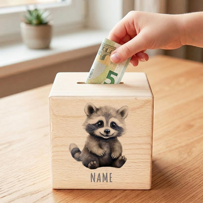 Waschbär Spardose für Kinder personalisiert Sparbox aus Holz Sparschwein mit Schlüssel Taufgeschenk für Jungen und Mädchen