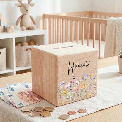 Geldgeschenk zur Geburt für Mädchen personalisierte Spardose aus Holz Babygeschenk