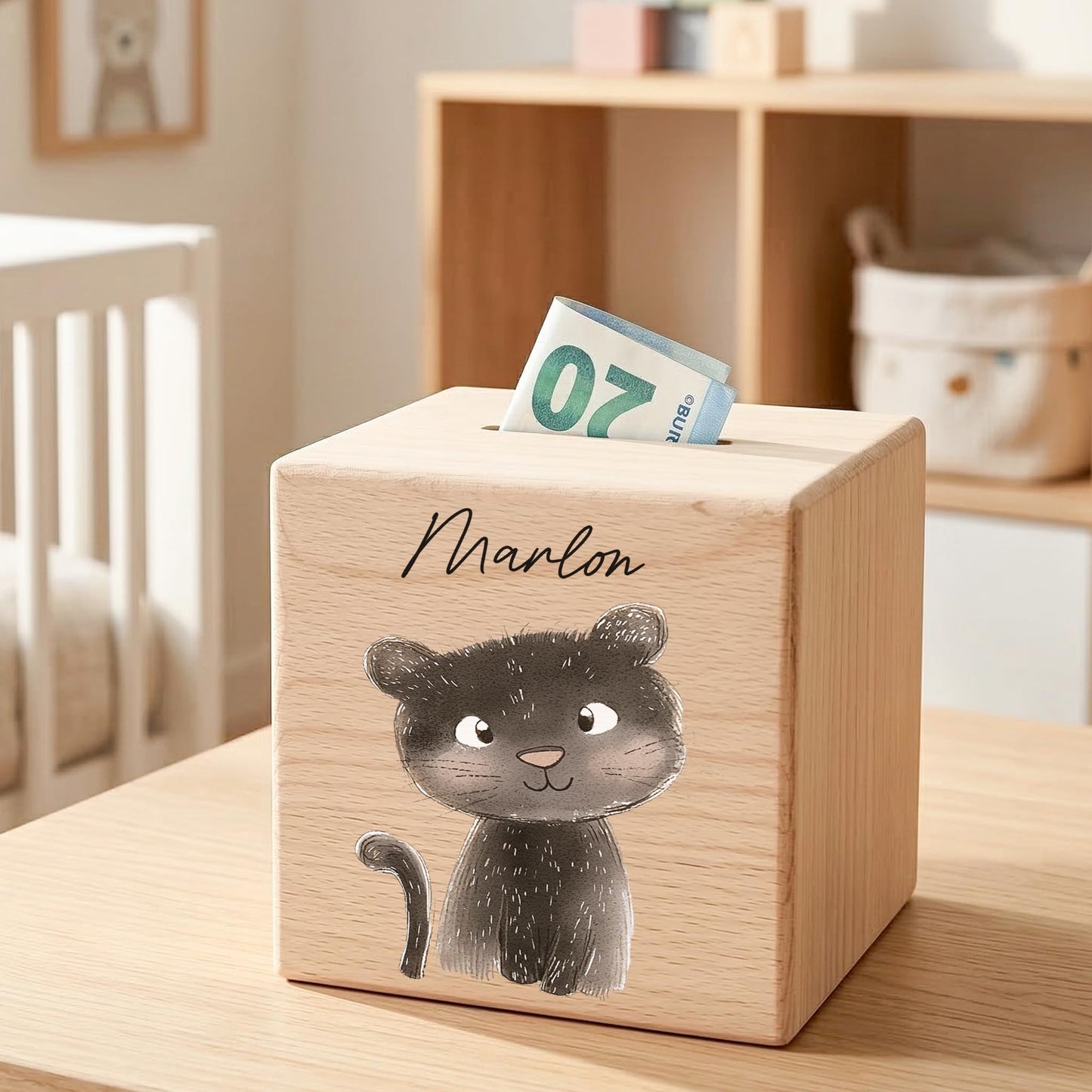 Spardose für Kinder Panter personalisiert Safari Tiere Sparbox aus Holz Sparschwein mit Schlüssel Taufgeschenk für Jungen & Mädchen