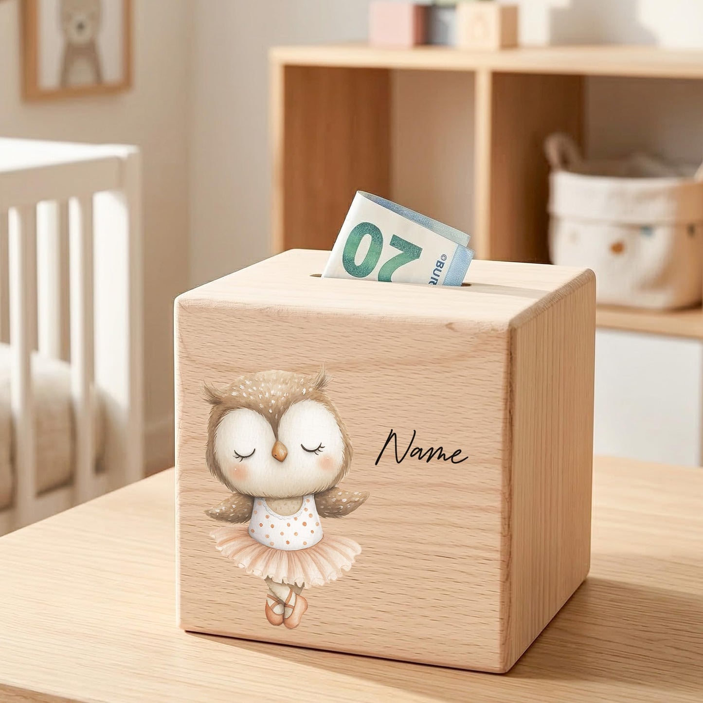 Spardose für Mädchen personalisierte Sparbox aus Holz mit Eule Geldgeschenk für Kinder