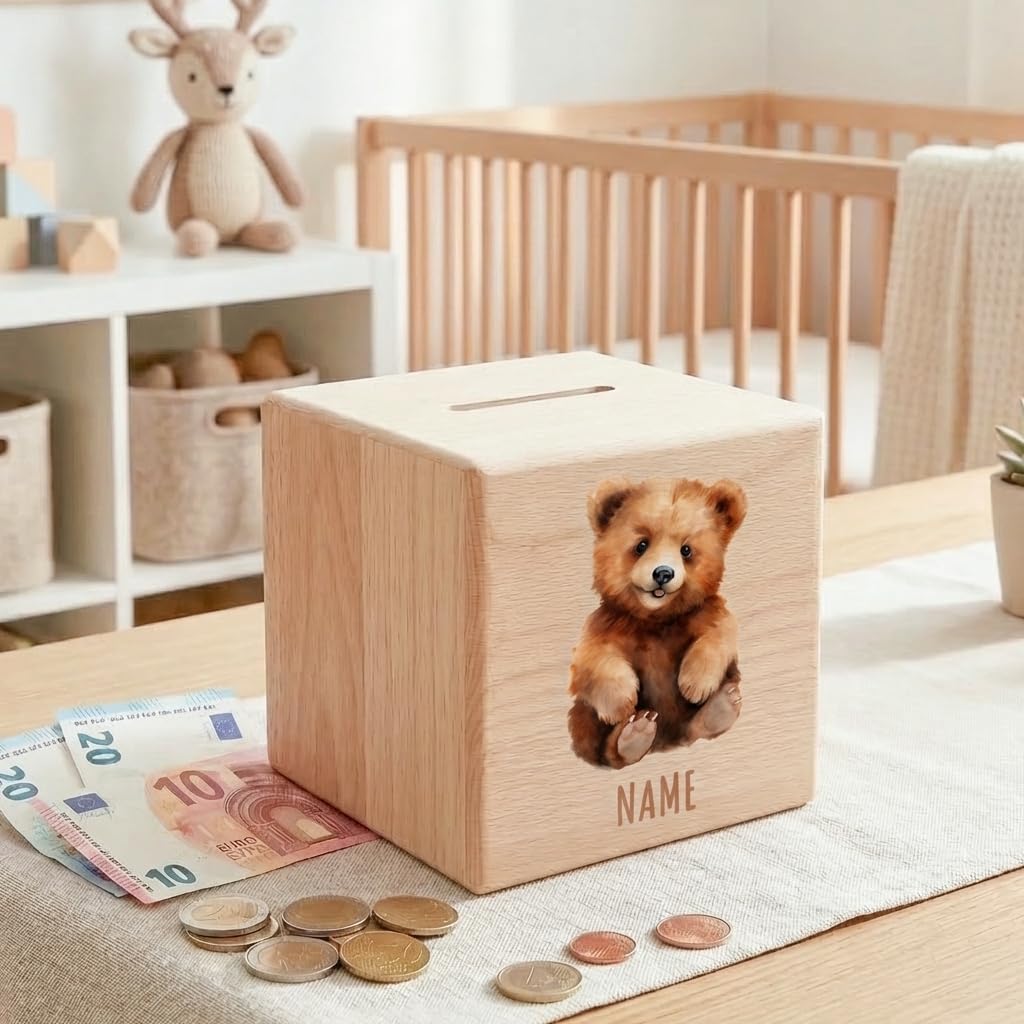 Bär Spardose für Kinder personalisiert Sparbox aus Holz Sparschwein mit Schlüssel Taufgeschenk für Jungen und Mädchen