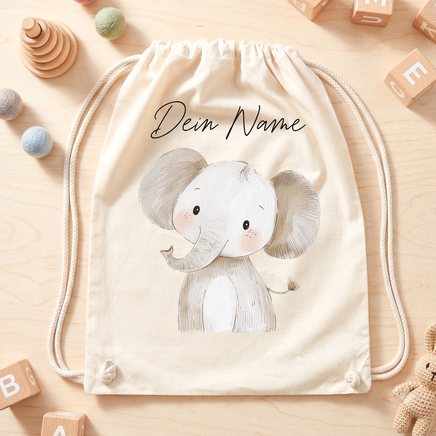 Elefant Turnbeutel für Kinder personalisierter Sportbeutel für den Kindergarten Stoffbeutel mit Kordelzug