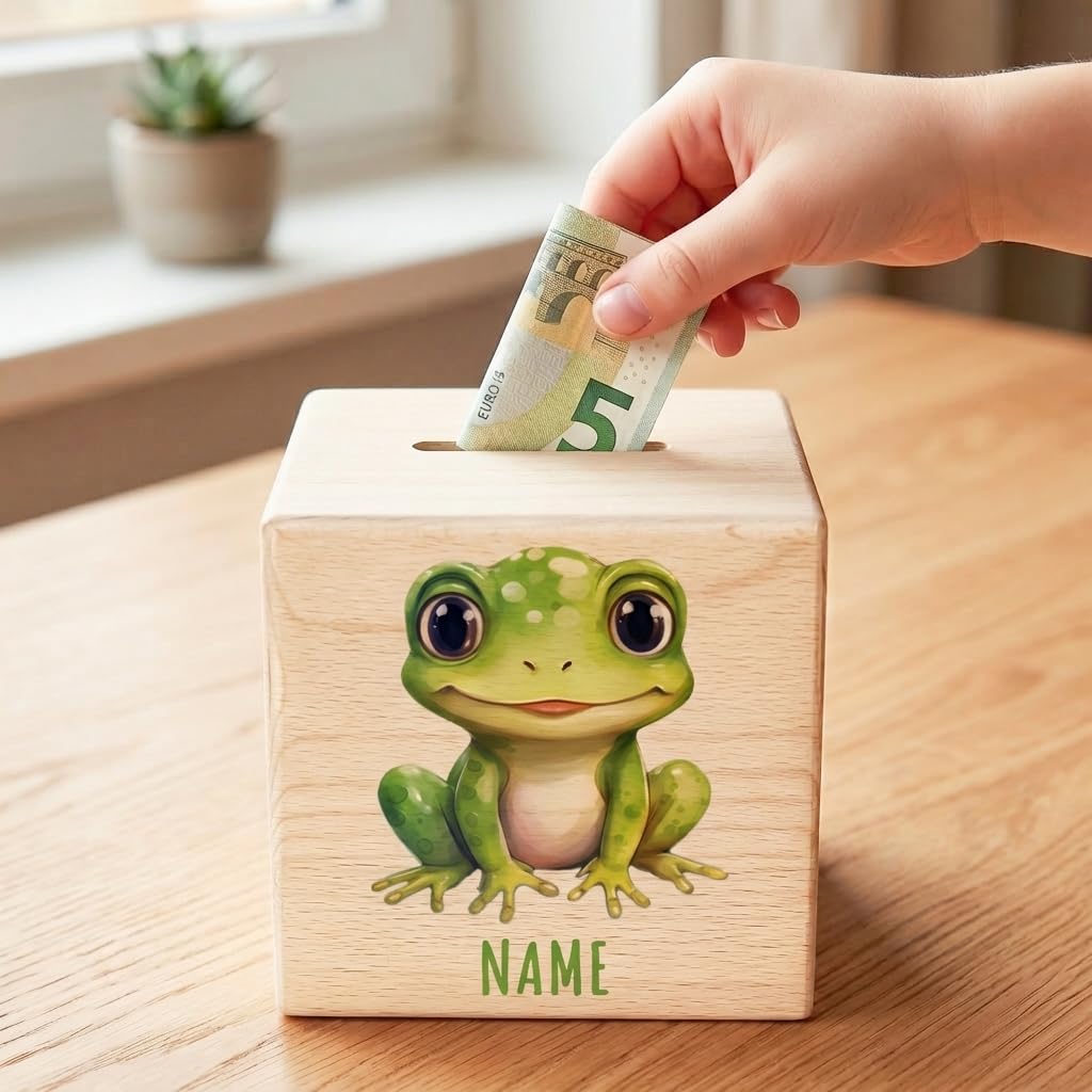 Frosch Spardose für Kinder personalisiert Sparbox aus Holz Sparschwein mit Schlüssel Taufgeschenk für Jungen und Mädchen