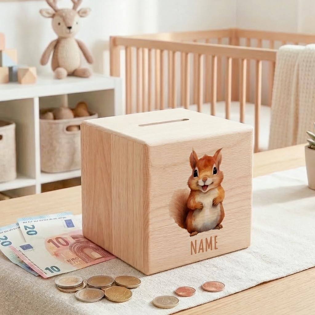 Eichhörnchen Spardose für Kinder personalisiert Sparbox aus Holz Sparschwein mit Schlüssel Taufgeschenk für Jungen und Mädchen