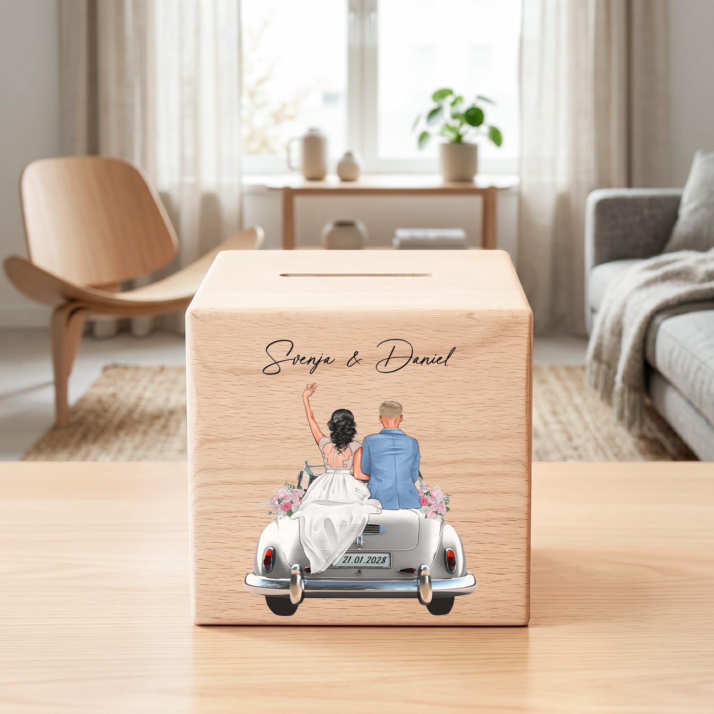 Hochzeitsgeschenk für Brautpaar personalisierte Spardose aus Holz als Geldgeschenk inkl. Schloss & Schlüssel