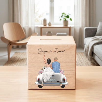 Hochzeitsgeschenk für Brautpaar personalisierte Spardose aus Holz als Geldgeschenk inkl. Schloss & Schlüssel