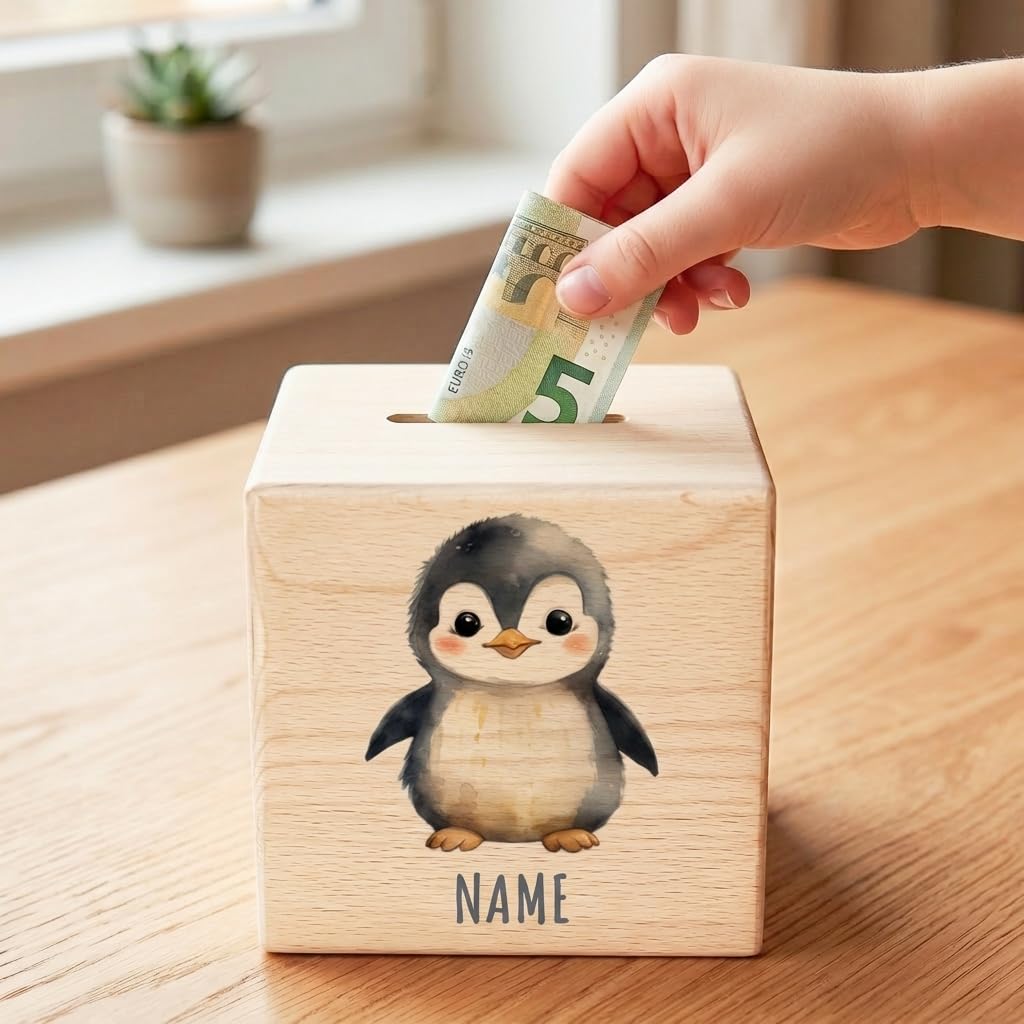 Pinguin Spardose für Kinder personalisiert Sparbox aus Holz Sparschwein mit Schlüssel Taufgeschenk für Jungen und Mädchen