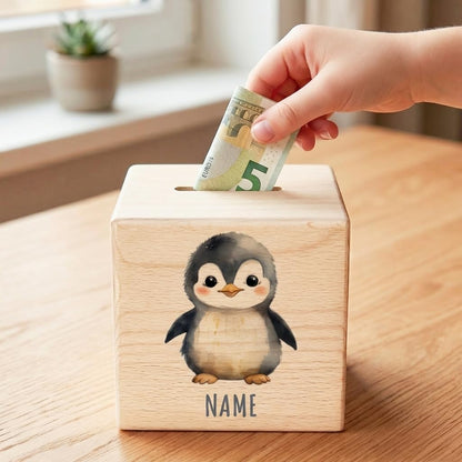 Pinguin Spardose für Kinder personalisiert Sparbox aus Holz Sparschwein mit Schlüssel Taufgeschenk für Jungen und Mädchen