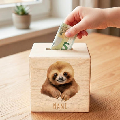 Faultier Spardose für Kinder personalisiert Sparbox aus Holz Sparschwein mit Schlüssel Taufgeschenk für Jungen und Mädchen