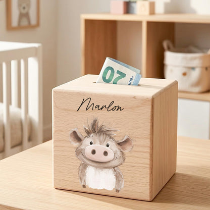 Spardose für Kinder Warzenschwein personalisiert Safari Tiere Sparbox aus Holz Sparschwein mit Schlüssel Taufgeschenk für Jungen & Mädchen