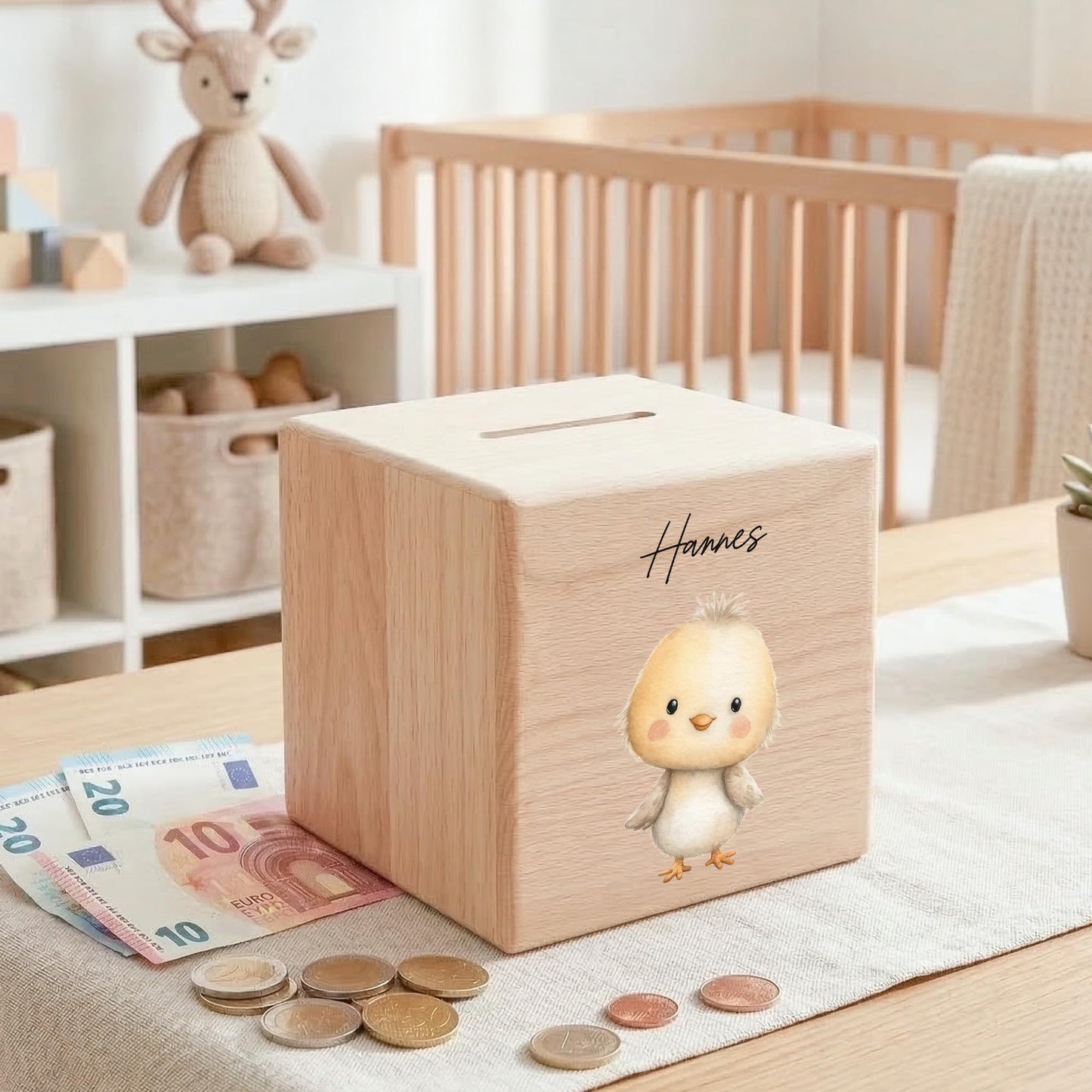 Küken Spardose für Kinder aus Holz personalisierte Sparbox Holzspardose mit Schlüssel als Geldgeschenk