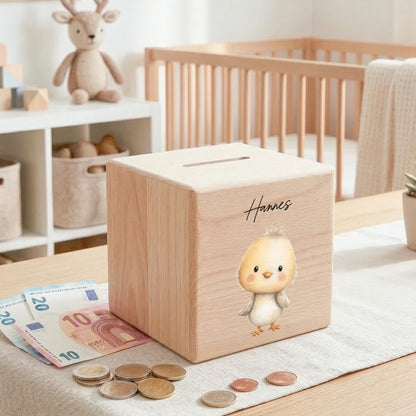 Küken Spardose für Kinder aus Holz personalisierte Sparbox Holzspardose mit Schlüssel als Geldgeschenk