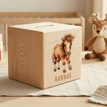 Pferde Spardose für Kinder personalisiert Sparbox aus Holz Sparschwein mit Schlüssel Taufgeschenk für Jungen und Mädchen