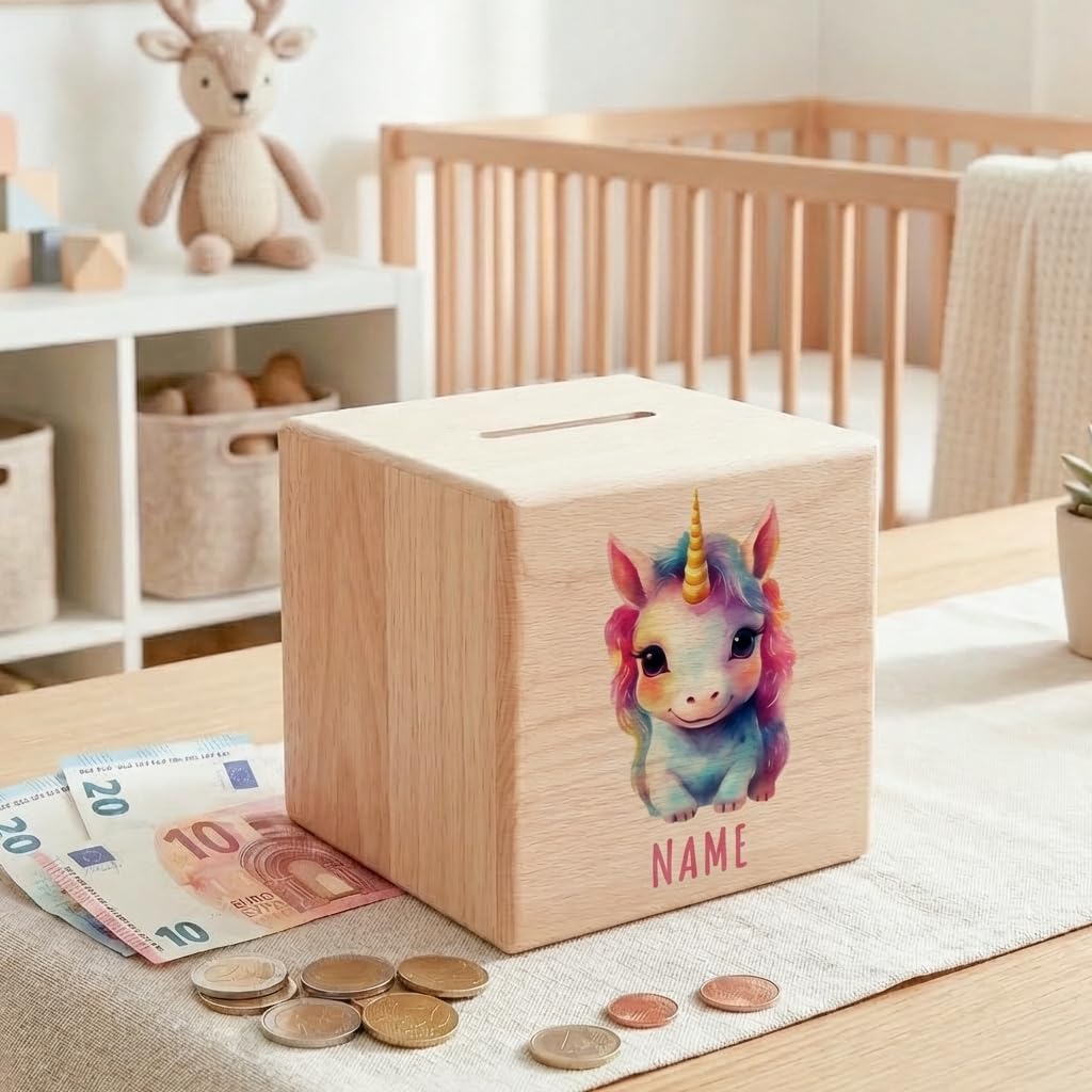 Tier Spardose für Kinder personalisiert Sparbox aus Holz Sparschwein mit Schlüssel Taufgeschenk für Jungen und Mädchen (Einhorn)