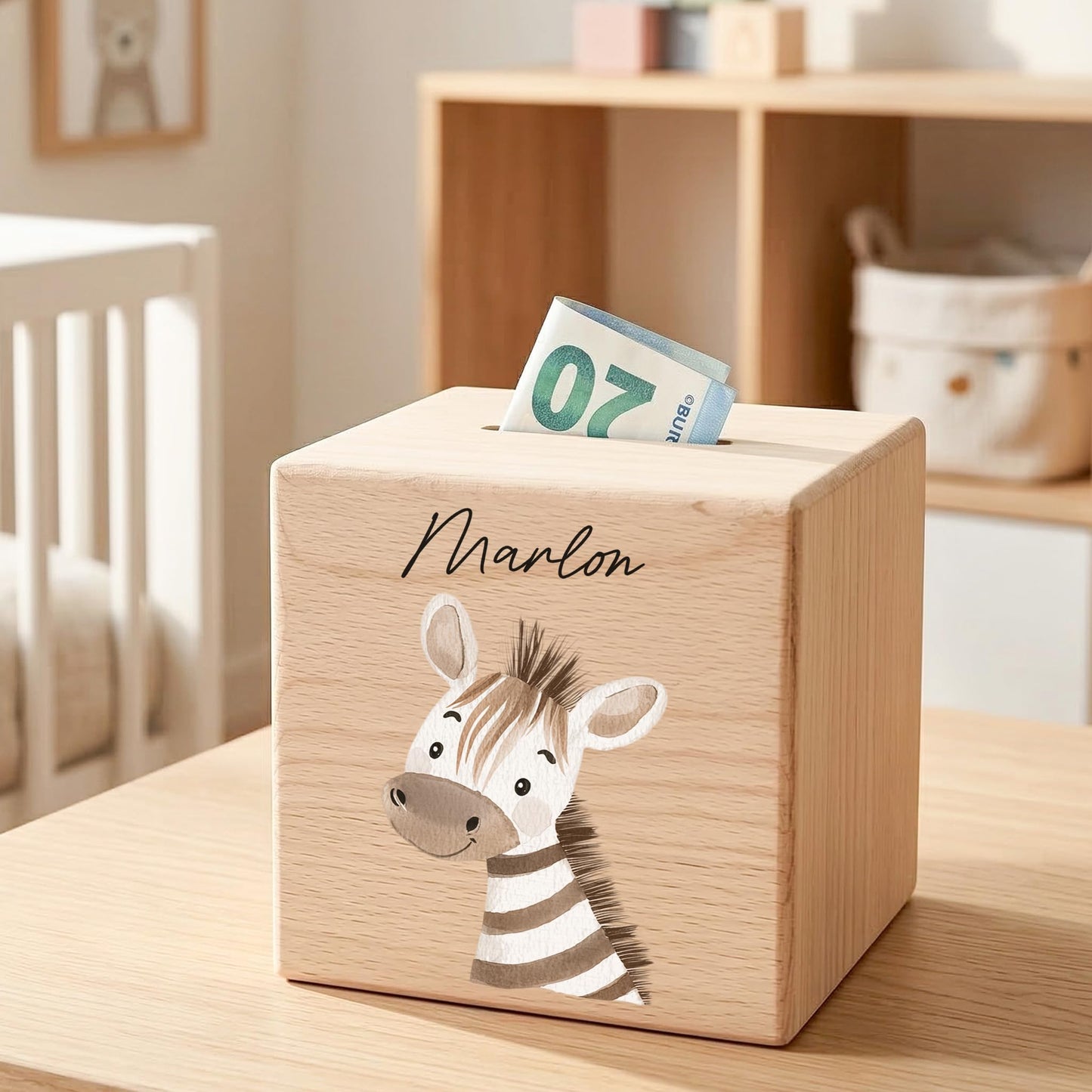 Spardose für Kinder Zebra personalisiert Safari Tiere Sparbox aus Holz Sparschwein mit Schlüssel Taufgeschenk für Jungen & Mädchen