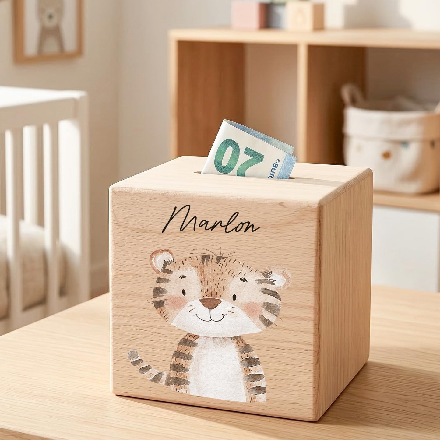 Spardose für Kinder Tiger personalisiert Safari Tiere Sparbox aus Holz Sparschwein mit Schlüssel Taufgeschenk für Jungen & Mädchen