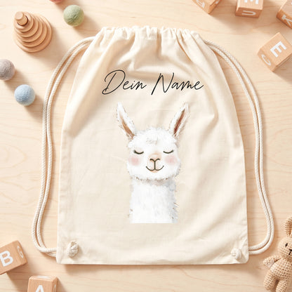 Lama Turnbeutel Kinder personalisierter Sportbeutel für Kindergarten & Kita Stoffbeutel mit Kordelzug