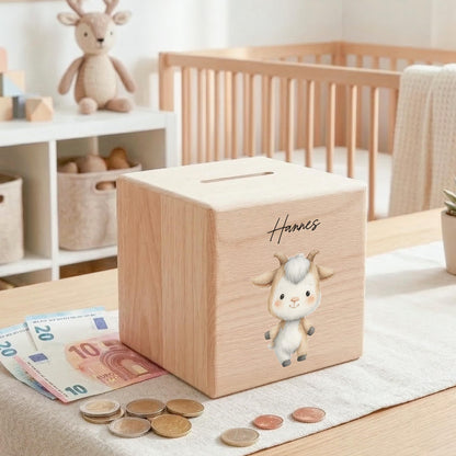 Ziege Spardose für Kinder aus Holz personalisierte Sparbox Holzspardose mit Schlüssel als Geldgeschenk