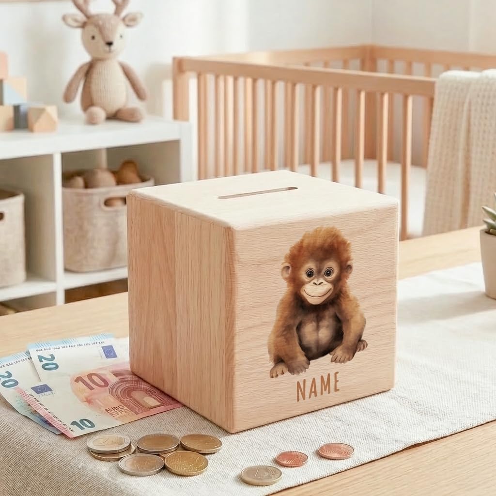 Affe Spardose für Kinder personalisiert Sparbox aus Holz Sparschwein mit Schlüssel Taufgeschenk für Jungen und Mädchen