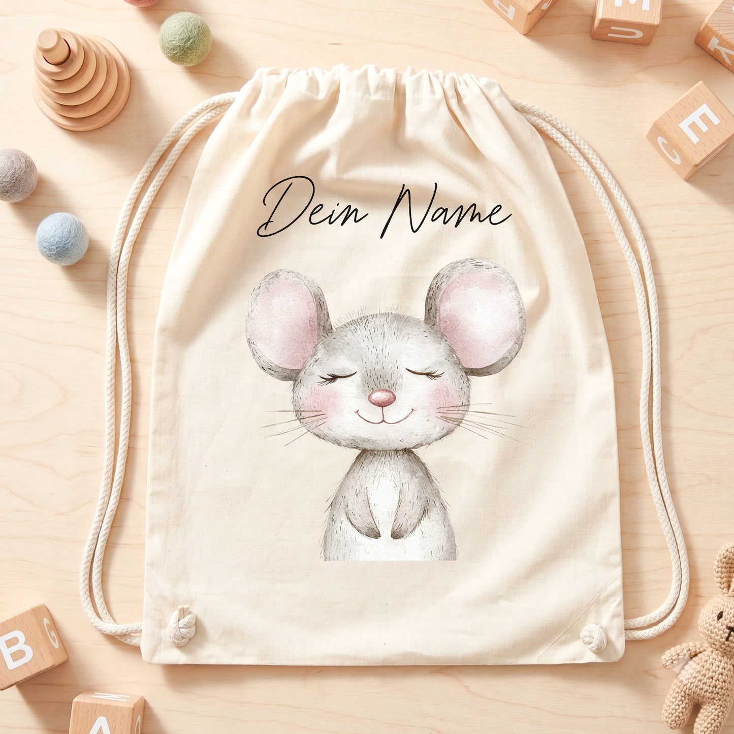 Maus Turnbeutel Kinder personalisierter Sportbeutel für Kindergarten & Kita Stoffbeutel mit Kordelzug