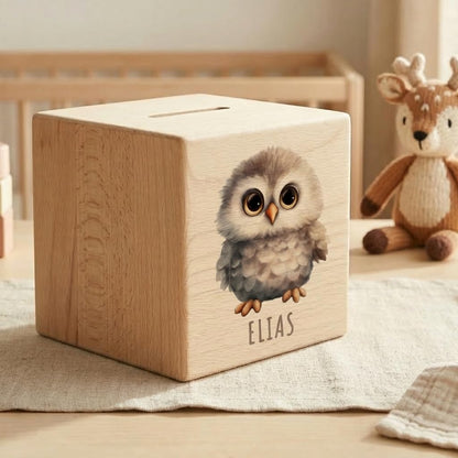 Eule Spardose für Kinder personalisiert Sparbox aus Holz Sparschwein mit Schlüssel Taufgeschenk für Jungen und Mädchen