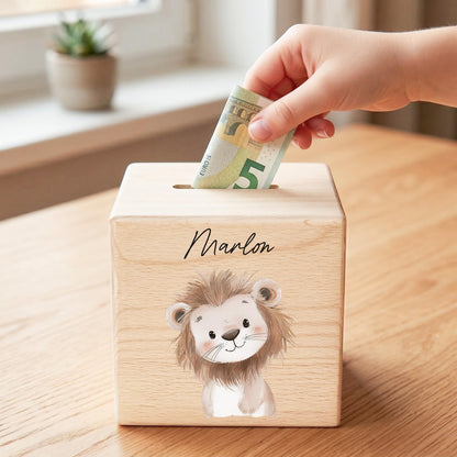 Spardose für Kinder Löwe personalisiert Safari Tiere Sparbox aus Holz Sparschwein mit Schlüssel Taufgeschenk für Jungen & Mädchen