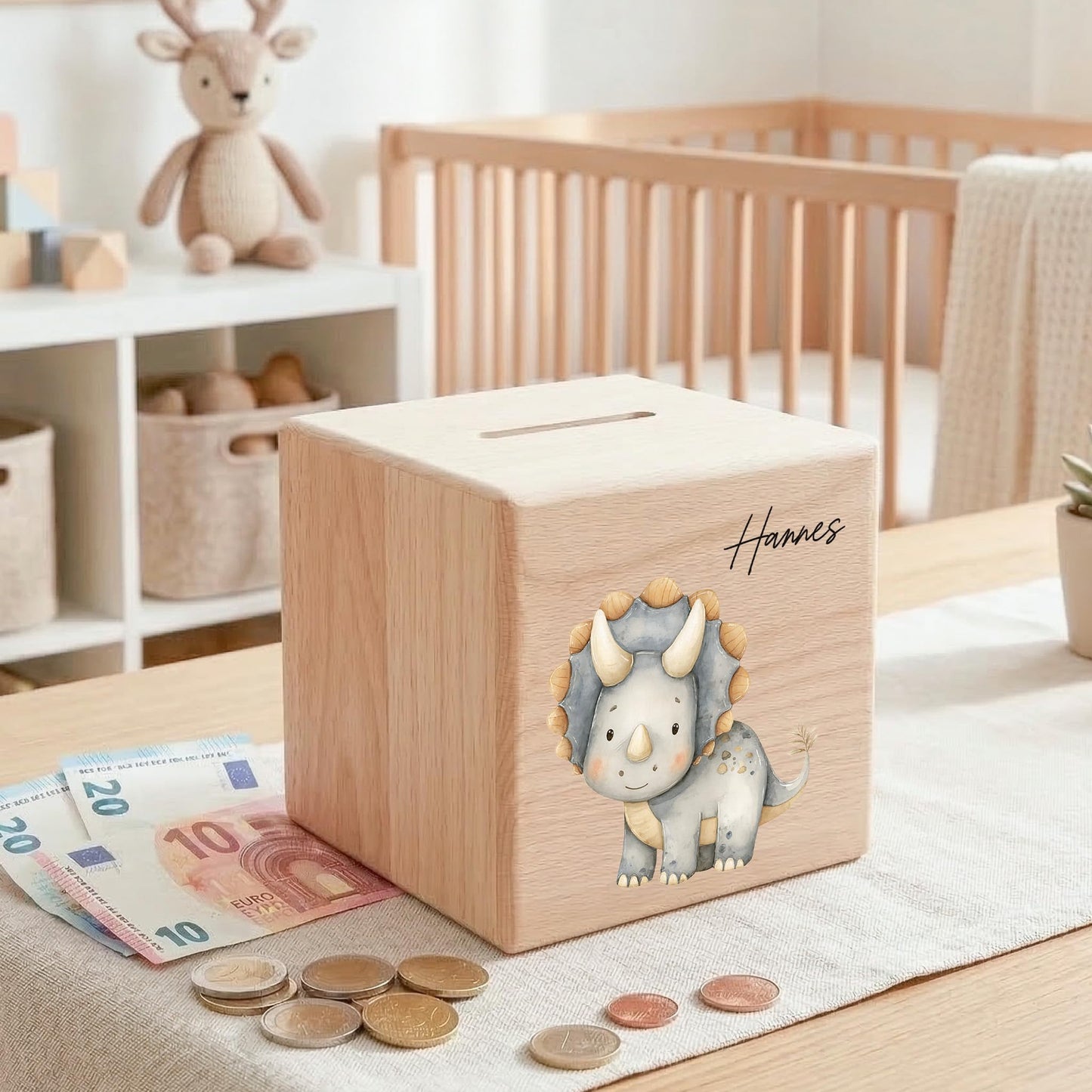 Spardose Dino für Jungen personalisierte Sparbox aus Holz Sparschwein für Kinder V8