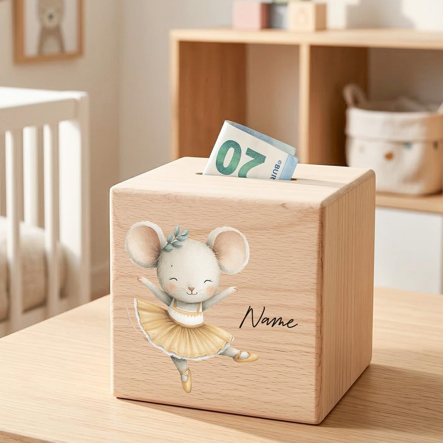 Spardose für Mädchen personalisierte Sparbox aus Holz mit Maus Geldgeschenk für Kinder