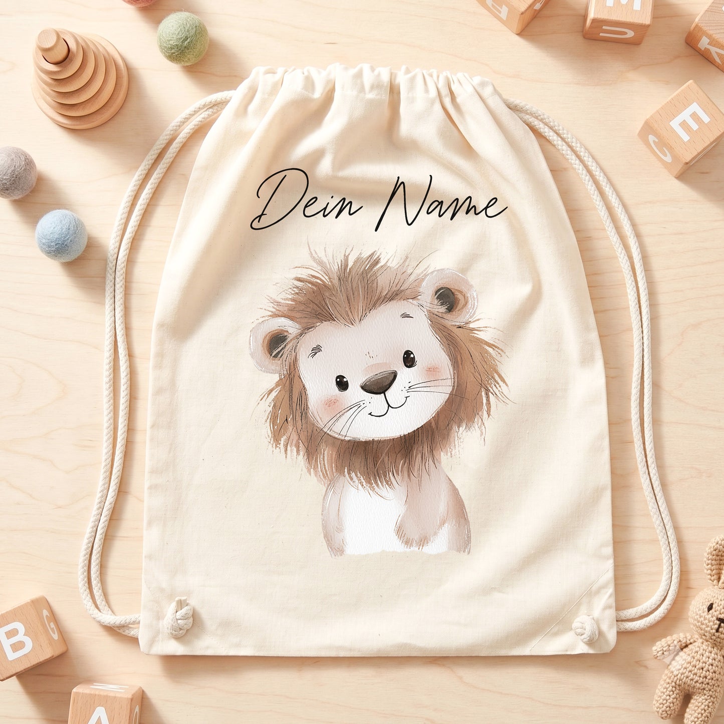 Löwe Turnbeutel für Kinder personalisierter Sportbeutel für den Kindergarten Stoffbeutel mit Kordelzug