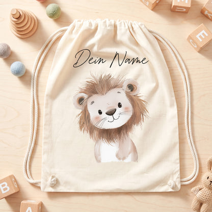 Löwe Turnbeutel für Kinder personalisierter Sportbeutel für den Kindergarten Stoffbeutel mit Kordelzug