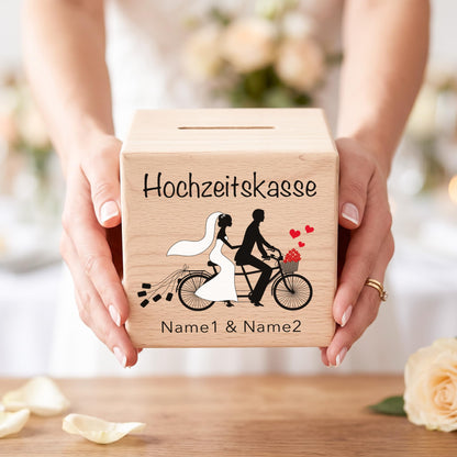 Geldgeschenk zur Hochzeit personalisierte Spardose aus Holz Tandem Hochzeitsgeschenk für Brautpaar
