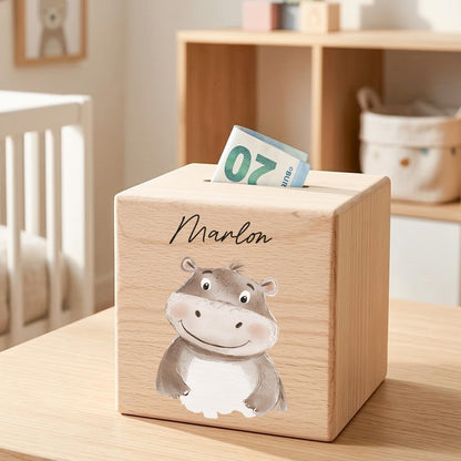 Spardose für Kinder Nilpferd personalisiert Safari Tiere Sparbox aus Holz Sparschwein mit Schlüssel Taufgeschenk für Jungen & Mädchen