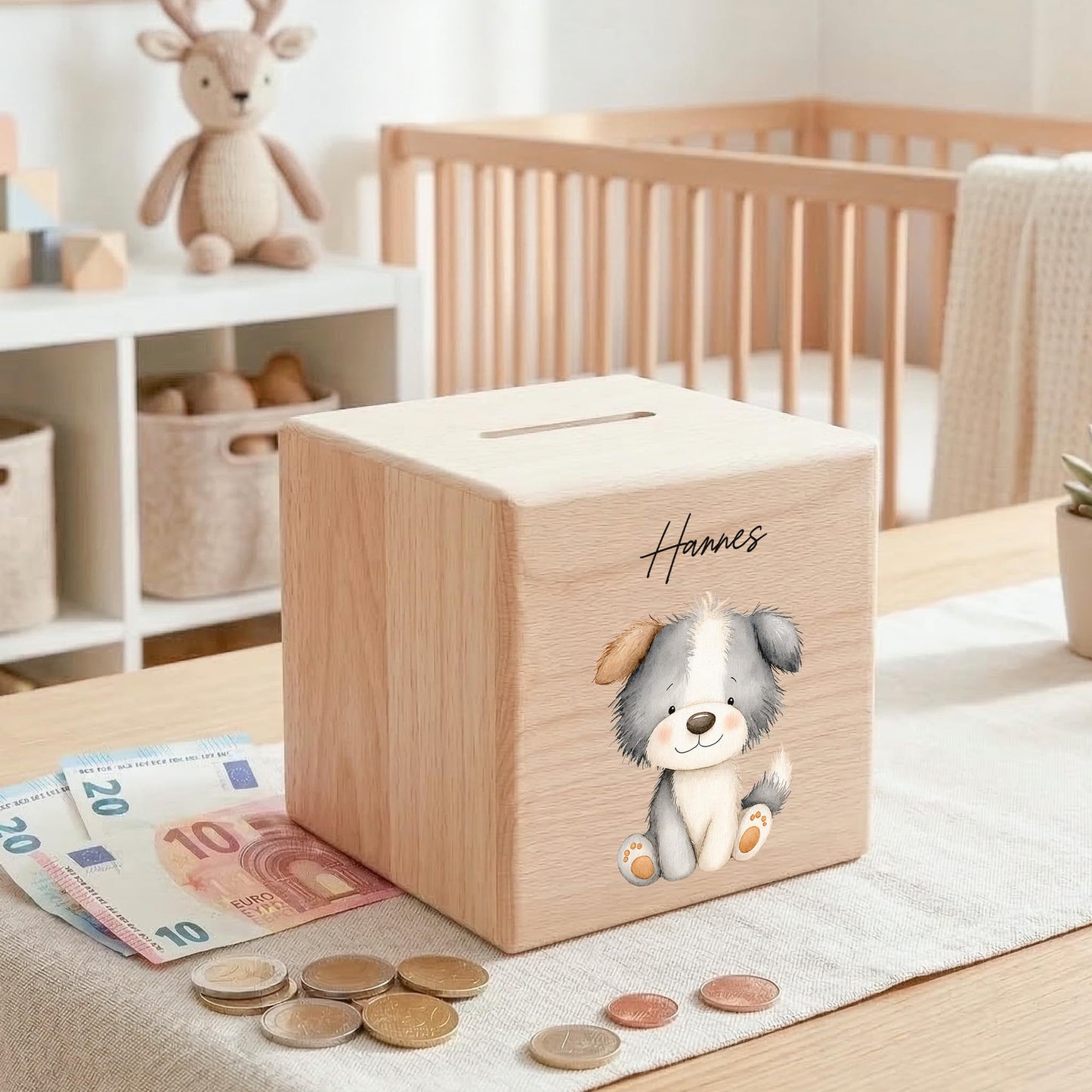 Hund Spardose für Kinder aus Holz personalisierte Sparbox Holzspardose mit Schlüssel als Geldgeschenk