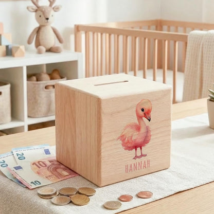 Flamingo Spardose für Kinder personalisiert Sparbox aus Holz Sparschwein mit Schlüssel Taufgeschenk für Jungen und Mädchen