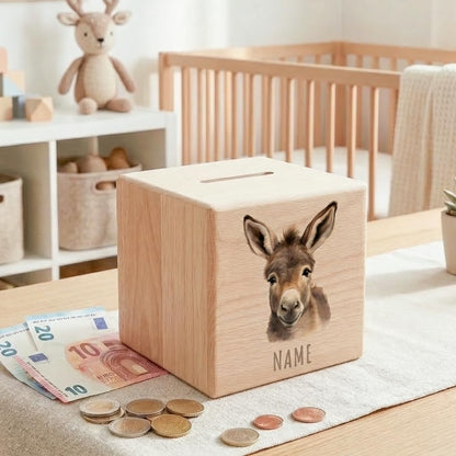Esel Spardose für Kinder personalisiert Sparbox aus Holz Sparschwein mit Schlüssel Taufgeschenk für Jungen und Mädchen