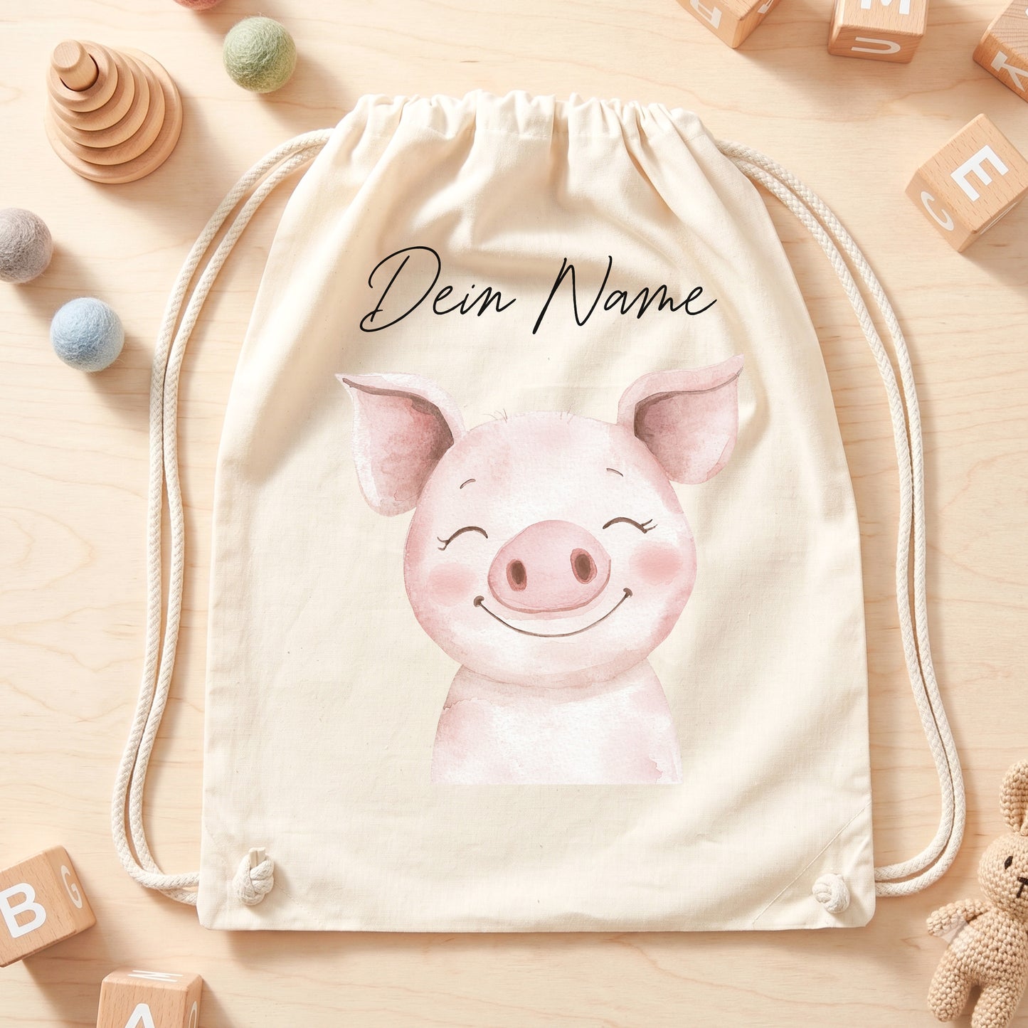 Schwein Turnbeutel Kinder personalisierter Sportbeutel für Kindergarten & Kita Stoffbeutel mit Kordelzug