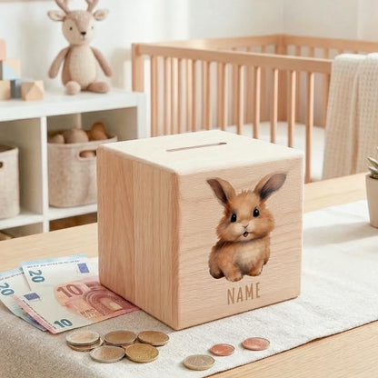 Hase Spardose für Kinder personalisiert Sparbox aus Holz Sparschwein mit Schlüssel Taufgeschenk für Jungen und Mädchen