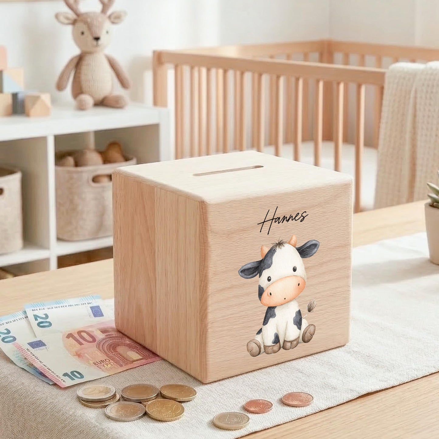 Kuh Spardose für Kinder aus Holz personalisierte Sparbox Holzspardose mit Schlüssel als Geldgeschenk