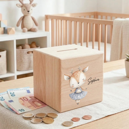 Spardose für Mädchen personalisierte Sparbox aus Holz mit REH Geldgeschenk für Kinder