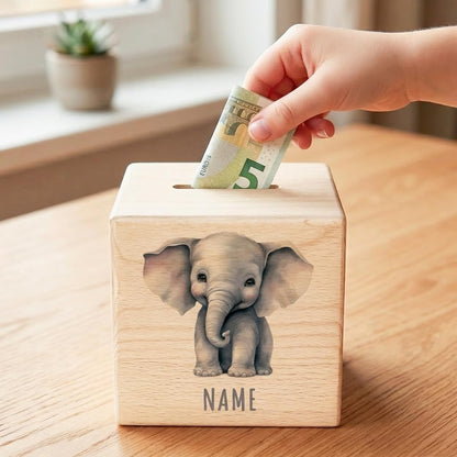 Elefant Spardose für Kinder personalisiert Sparbox aus Holz Sparschwein mit Schlüssel Taufgeschenk für Jungen und Mädchen