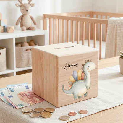 Spardose Dino für Jungen personalisierte Sparbox aus Holz Sparschwein für Kinder V5