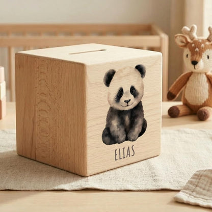 Panda Spardose für Kinder personalisiert Sparbox aus Holz Sparschwein mit Schlüssel Taufgeschenk für Jungen und Mädchen