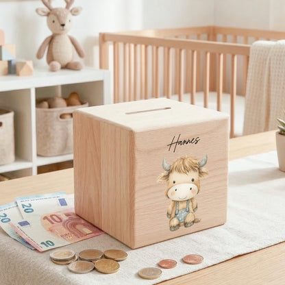 Bulle Spardose für Kinder aus Holz personalisierte Sparbox Holzspardose mit Schlüssel als Geldgeschenk