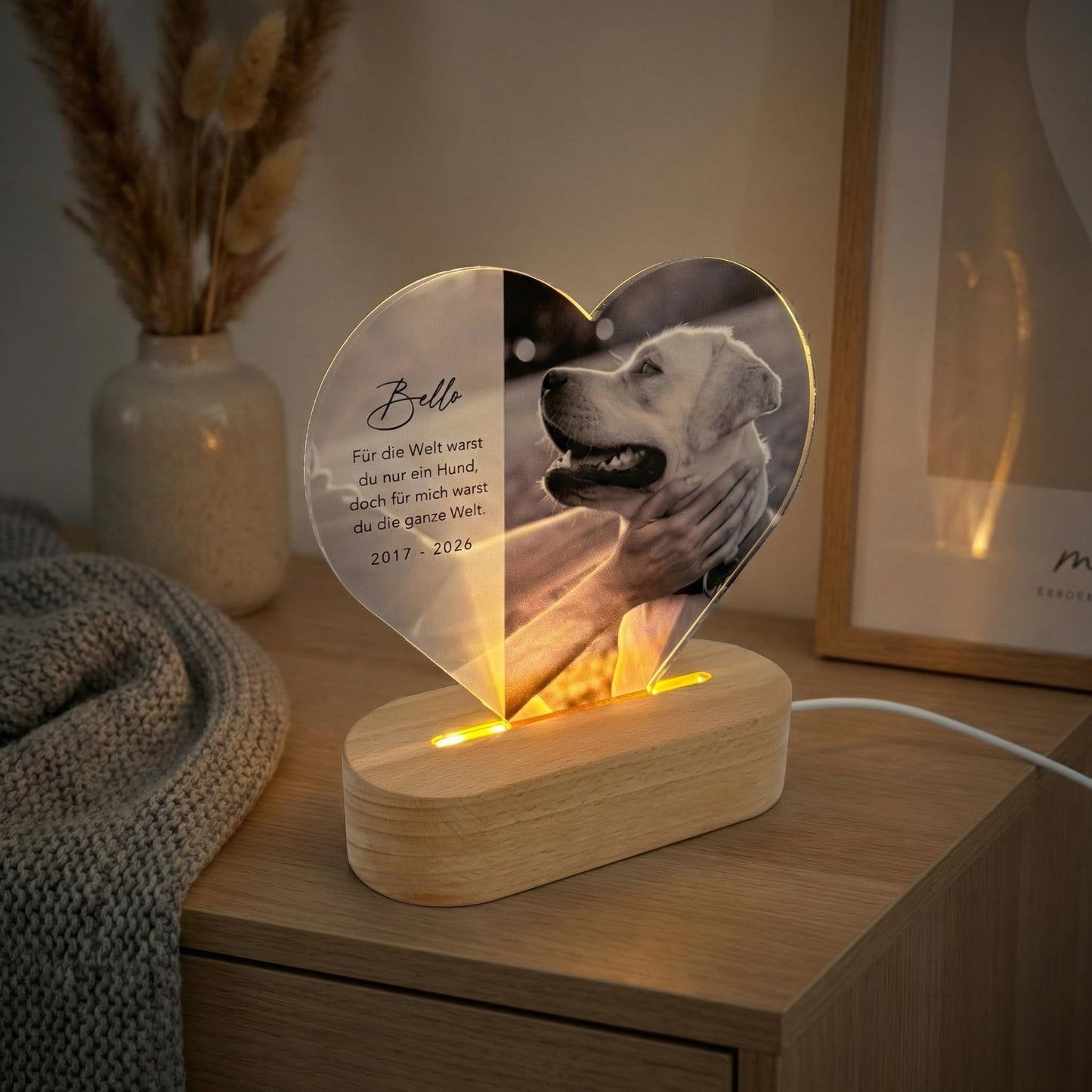 Gedenktafel Andenken an verstorbene Hunde LED-Lampe aus Acrylglas mit Foto Geschenk für Katzenbesitzer mit Holzfuß [Energieklasse A]